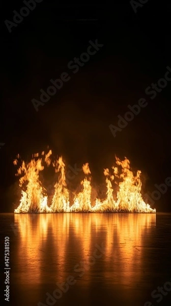 Obraz A large fire is burning in the dark, with the flames reflecting in the water. The scene is both beautiful and dangerous, as the fire could easily spread and cause harm