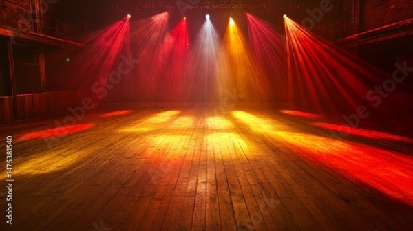 Fototapeta A stage with lights on it. The lights are red, yellow, and orange. The stage is empty