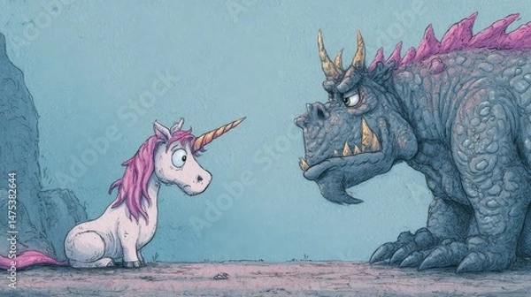 Fototapeta A whimsical illustration of a unicorn and a large, grumpy dragon.