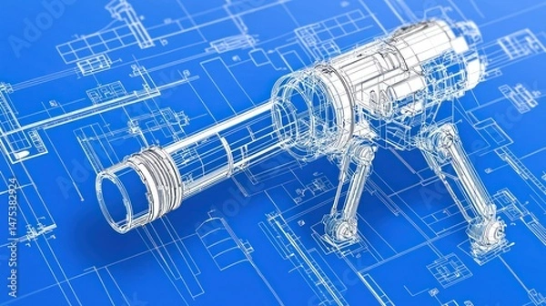 Fototapeta Detailed blueprint rendering of futuristic mechanical device design