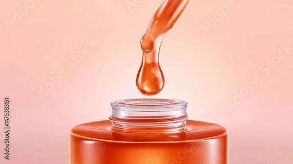 Fototapeta Drop Of Vibrant Orange Serum Falling Into Glass Container Surrounded By Soft Light