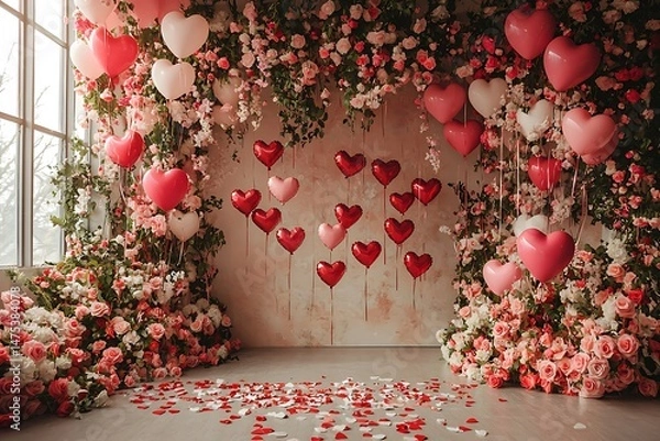 Obraz Heart balloons and flower decorations creating a romantic valentines scene