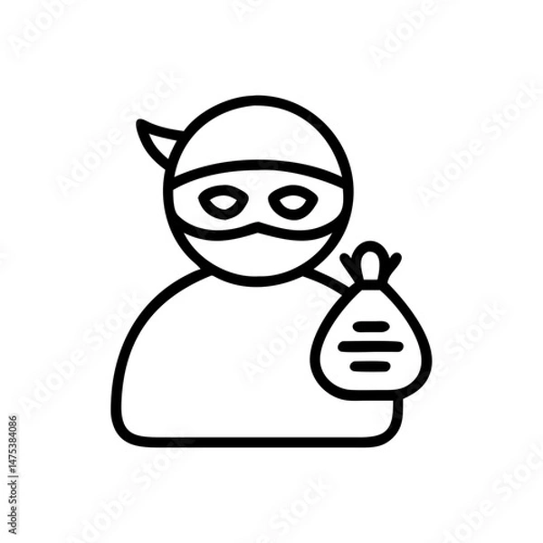 Fototapeta Outline drawing of a masked person holding a bag with horizontal lines on it in black and white style