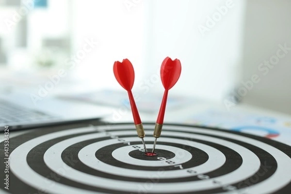 Fototapeta Targeting. Dart board with arrows on table indoors, closeup