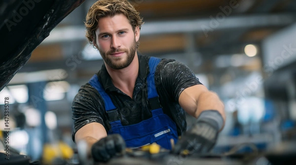 Fototapeta Mechanic works on a car engine with an array of diagnostic tools, mechanicâs gloves stained with oil, his face showing concentration in a well-lit shop