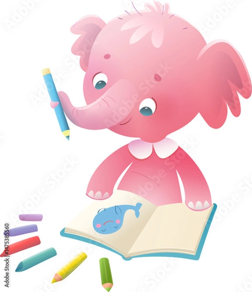 Obraz Baby elephant drawing and coloring with crayons or pencils in a storybook. Cute wild animal character illustration, early education for children creativity. Vector cartoon illustration for kids.