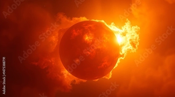 Fototapeta fiery glowing red orange planet with dramatic surface texture for use in sci fi visuals, cosmic backgrounds, or space themed designs