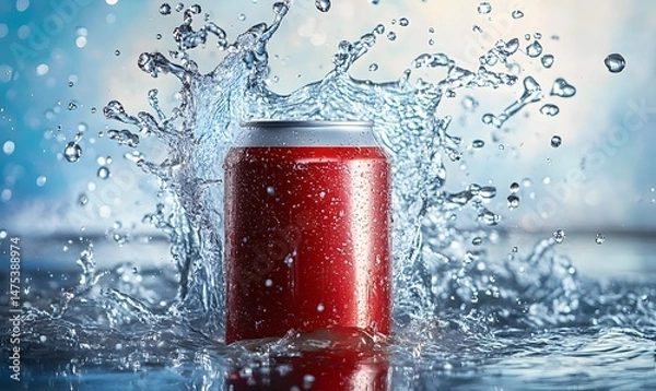 Fototapeta Red Soda Can with Splashing Water on Refreshing Background, Generative AI