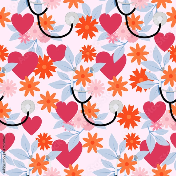 Fototapeta Seamless pattern of flowers and stethoscopes for Nurses Day