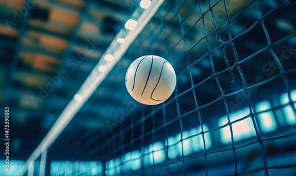 Fototapeta Volleyball Hitting the Net in Indoor Court with Lights, Generative AI
