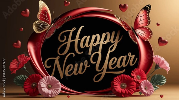 Obraz A Festive Happy New Year Greeting Card with Red, Gold, and Black Colors