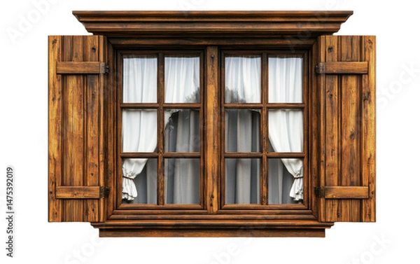 Obraz Window with wooden shutters and white curtains isolated on white or transparent background