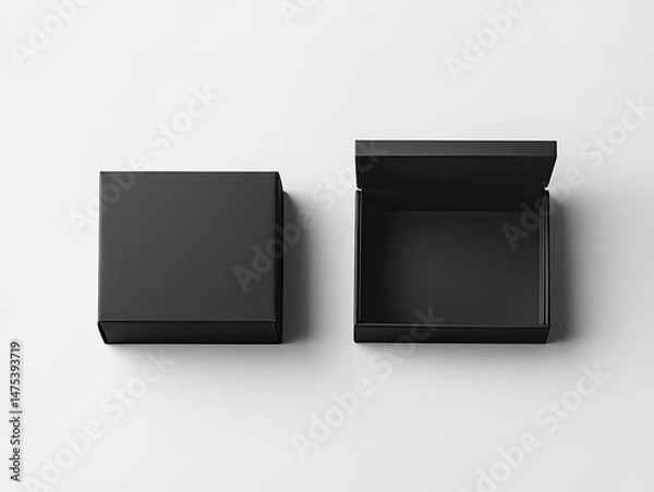 Fototapeta Two matte black square boxes; one closed, one open