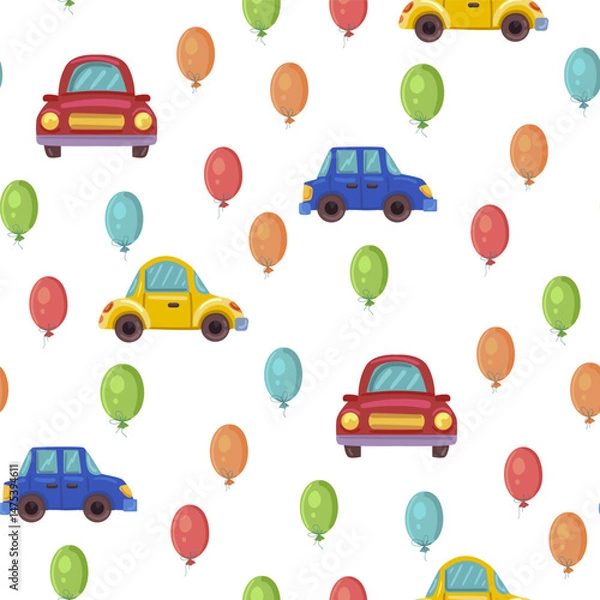 Fototapeta vector seamless pattern with children's drawing, print for children's textiles, decor and decoration of children's rooms and things, machines and balls for decoration of children's holiday and printin