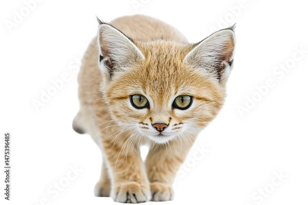 Fototapeta Close-up of a curious sand cat with bright green eyes and soft fur.