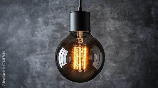 Obraz Illuminated edison bulb hanging against a textured dark gray background
