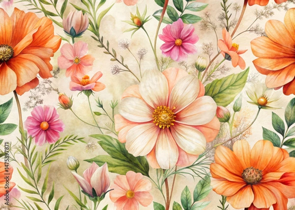 Fototapeta Seamless floral pattern with orange cosmos, pink daisies, and white wildflowers in vintage hand painted watercolor style on cream background