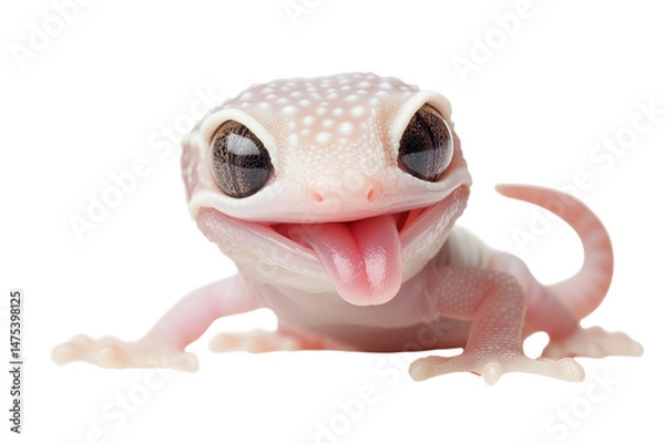 Fototapeta A playful, smiling gecko showing its tongue against a white background.