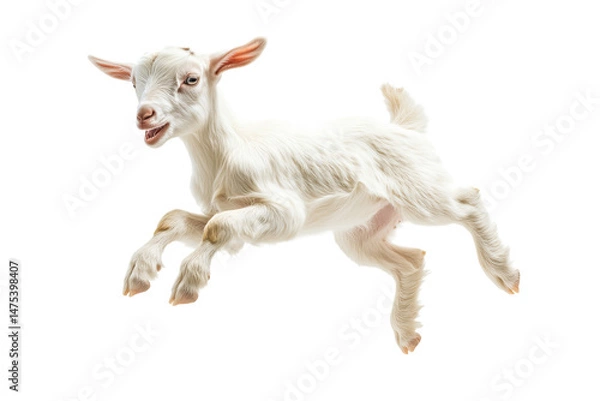 Fototapeta A playful white goat jumping mid-air with a joyful expression.