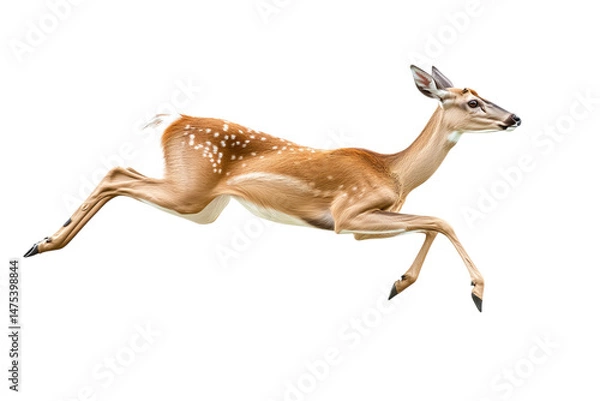 Fototapeta A graceful fawn leaps through the air, showcasing its agility.