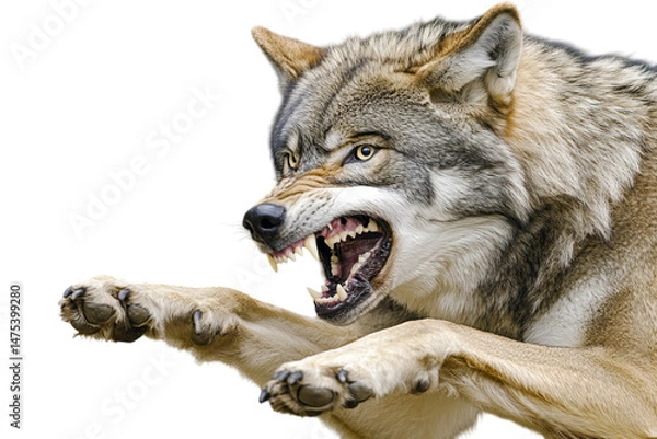 Fototapeta Fierce wolf with bared teeth leaping forward in a dramatic display of power.