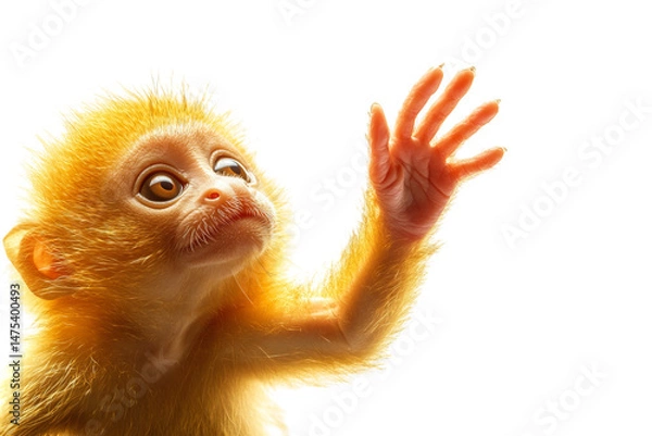 Fototapeta Curious baby monkey reaching out with a soft, fluffy coat.