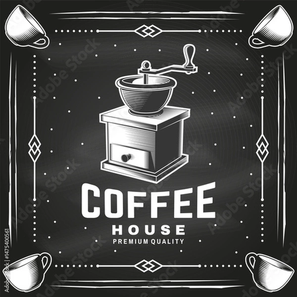 Obraz Coffee house logo, badge, patch design on the chalkboard. Vector. Concept for cafe and restaurant logo, brand, label. Logo with retro coffee mill grinder.