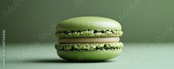 Obraz A single green macaron with a beige filling on a green background close up shot
