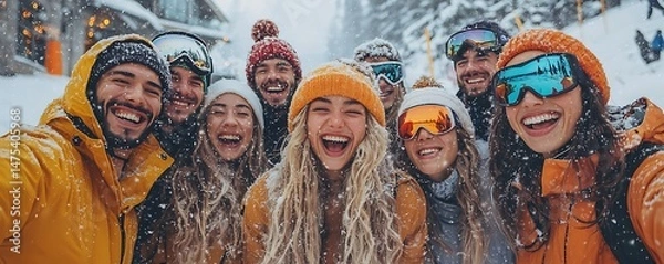 Obraz Group of friends smiling and laughing together in the snow wearing winter gear