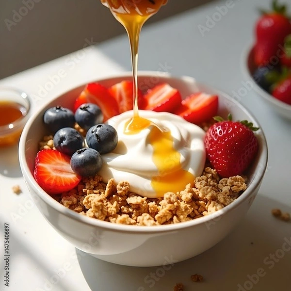 Obraz Healthy Yogurt Bowl with Granola Berries and Honey Drizzle
