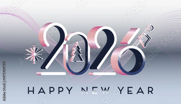 Fototapeta Happy New Year 2026 number in retro futuristic style banner web, invite posters, template, Layout, greeting card, background 