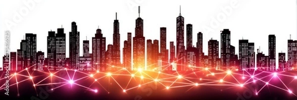 Obraz Cityscape Network Connections - Silhouette of a modern city skyline illuminated by a network of interconnected glowing nodes. Represents technology, communication, and urban development