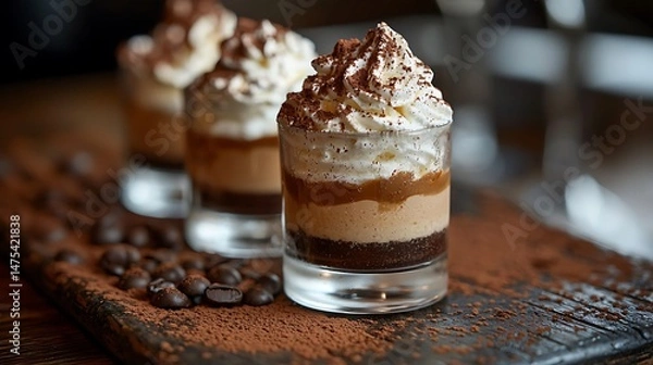 Obraz Close up of dessert shots with whipped cream and coffee beans on dark board