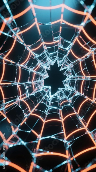 Fototapeta HD Ultra Close-Up Glass Spider Cracks Neon Lines Glowing Tech Effect Futuristic Digital Art