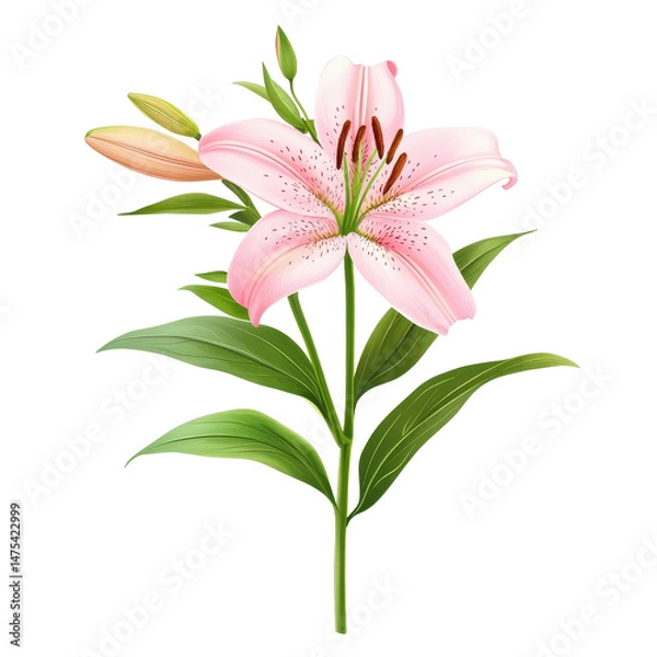 Fototapeta Pink lily flower stalk with vibrant leaves isolated on a Transparent background showcasing natural beauty, pink lily flower stalk with leaves isolated on PNG background