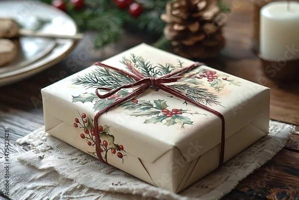 Obraz Close up of a christmas gift wrapped in holly paper with a brown ribbon bow