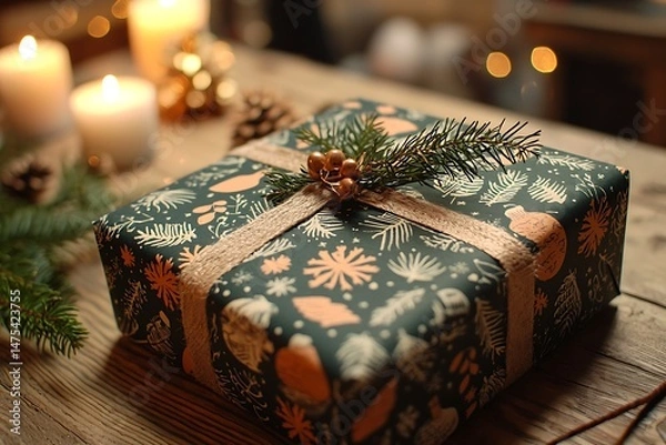 Obraz Close up of a christmas gift wrapped in patterned paper on a wooden surface