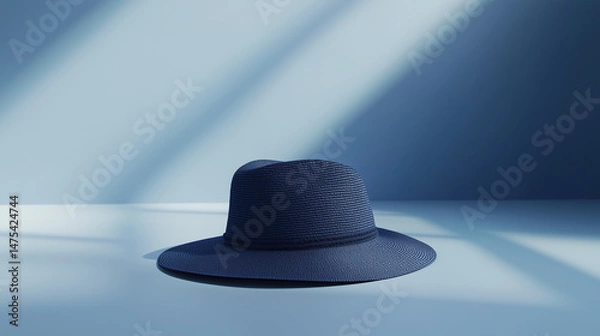 Fototapeta A hyper-realistic 3D render of a navy blue hat, perfectly positioned in a high-tech showroom