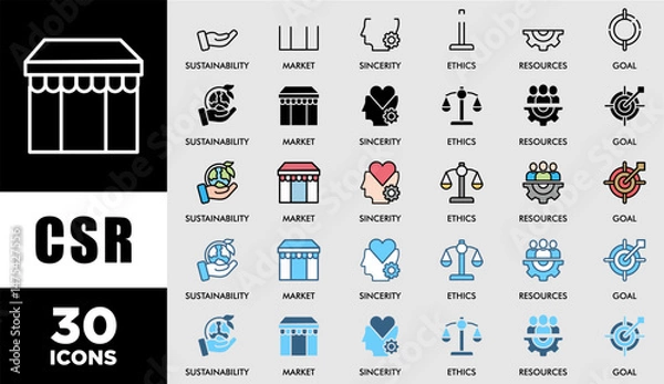 Fototapeta CSR icon set with various styles and colors customer satisfaction questionnaire  Corporate social responsibility and giving back to the community icons symbol live stroke and easy to edit