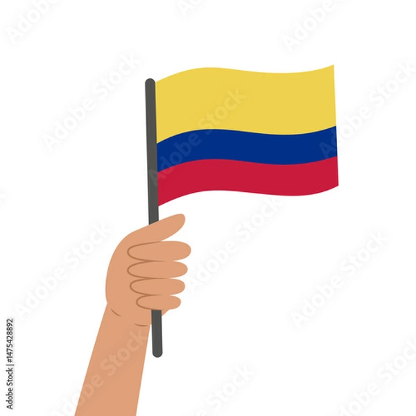 Obraz Hand holding a flag of Colombia. Vector illustration of the Colombian flag in flat style isolated on white background.