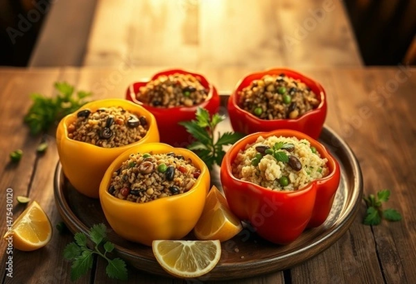 Obraz A warm and inviting image of stuffed bell peppers on a rustic table