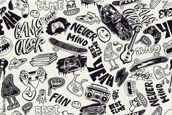 Obraz Doodle gaming print, music, teenagers elements for sport and school textile, wrapping paper. Monochrome background with game pad, pizza, street art graffiti words, guitar, rabbit, bear, skateboard
