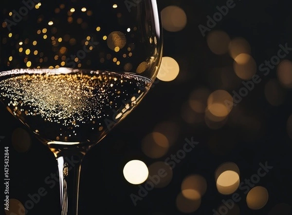 Obraz Glass of Sparkling Wine with Golden Bokeh Background