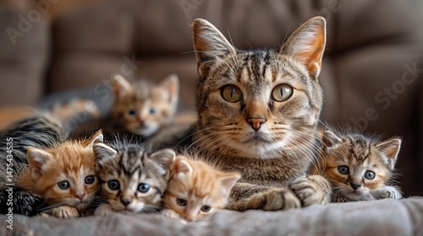 Fototapeta Felidae cat and her kittens lounge on couch with fur and whiskers