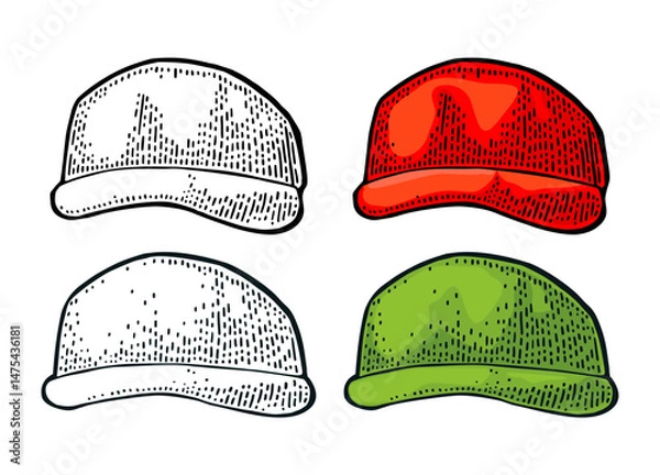 Fototapeta Baseball cap. Vintage color engraving illustration. Isolated on white background. Hand drawn design element for poster