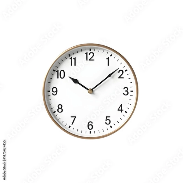 Fototapeta A round wall clock with a black face, gold hands, and white frame, displaying the time against a plain png background