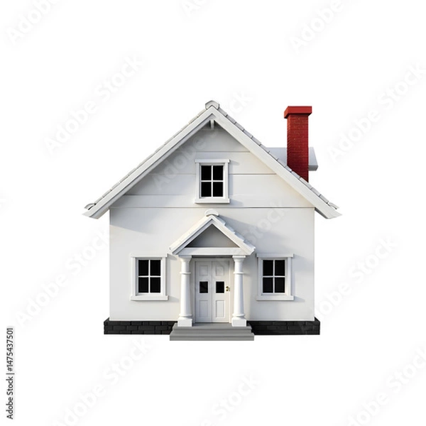 Fototapeta A small red house with a white roof and a red brick chimney, with a png background