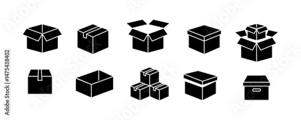 Fototapeta Set of black icons of boxes of different shapes. Cardboard packaging boxes for delivery. Vector illustration.