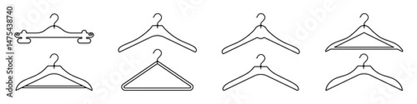 Fototapeta Set of linear black clothes hangers of different shapes. Neat arrangement in the closet. Vector isolated illustration.