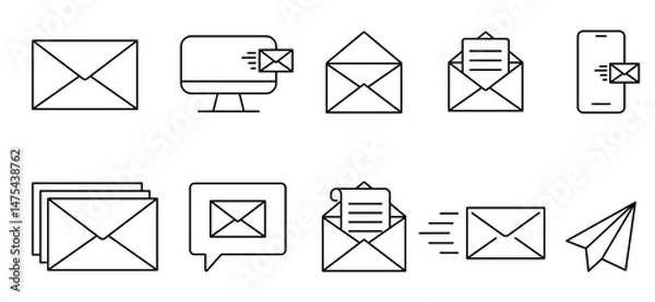 Fototapeta Set of linear mail icons. Email letter in outline style. Sending, receiving message. Message received. Vector illustration.
